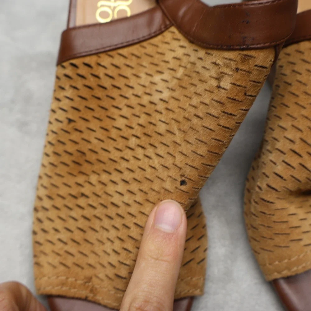 Franco Sarto Womens 7M Martha Sandals Brown Wedge Leather Laser Cut Suede‎ Boho